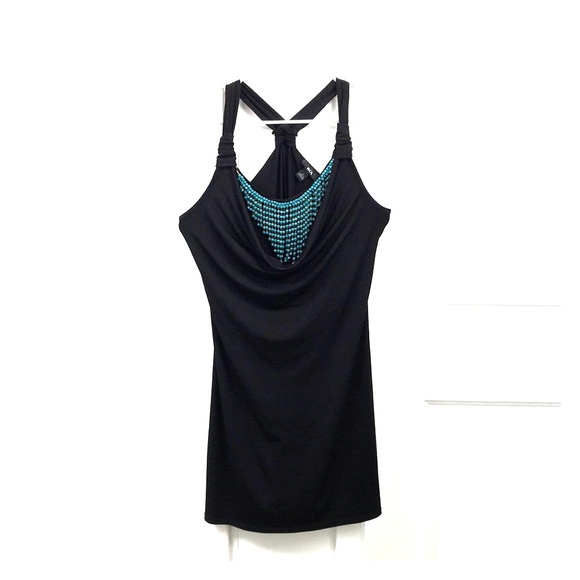 Black Mini Dress w/ Draped Neck & Beaded Accents - Picture 1 of 8